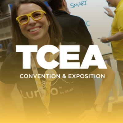 The TCEA logo with a Lumio representative in the exhibit hall in the background.