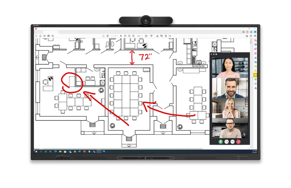 A SMART Board GX series used for a virtual meeting, displaying a detailed floor plan with red annotations indicating dimensions and areas of interest, while a video call with participants is shown on the side of the screen.