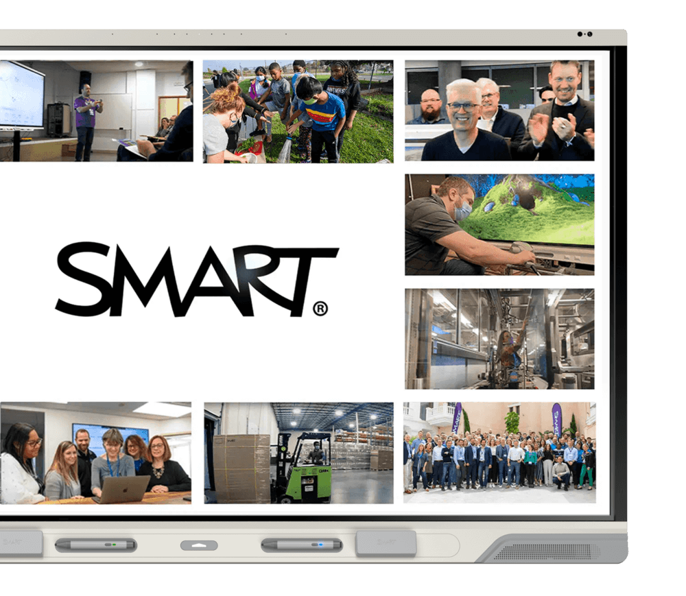 Collage of diverse SMART technology applications in various settings including classroom teaching, outdoor education, industry training, and team meetings.
