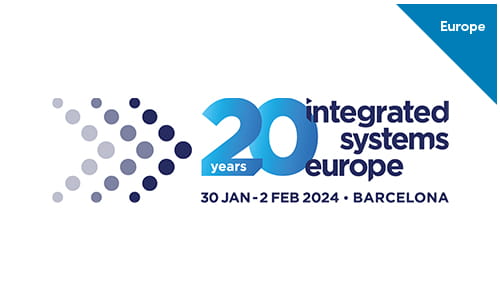 20th anniversary logo of Integrated Systems Europe event, scheduled for 30 Jan to 2 Feb 2024 in Barcelona, with a dotted design element.