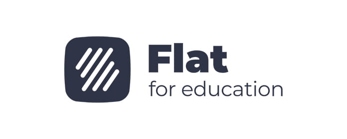 Logo of 'Flat for Education' featuring a dark square with a white design, adjacent to the brand name in a simple, modern typeface.