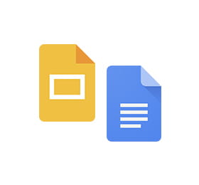 Image depicting Google Docs and Slides logos, the former in yellow with a document outline and the latter in blue with horizontal lines, representing online document and presentation tools.