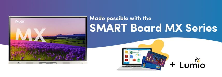 Promotional banner featuring the SMART Board MX series display alongside a laptop with Lumio education software.