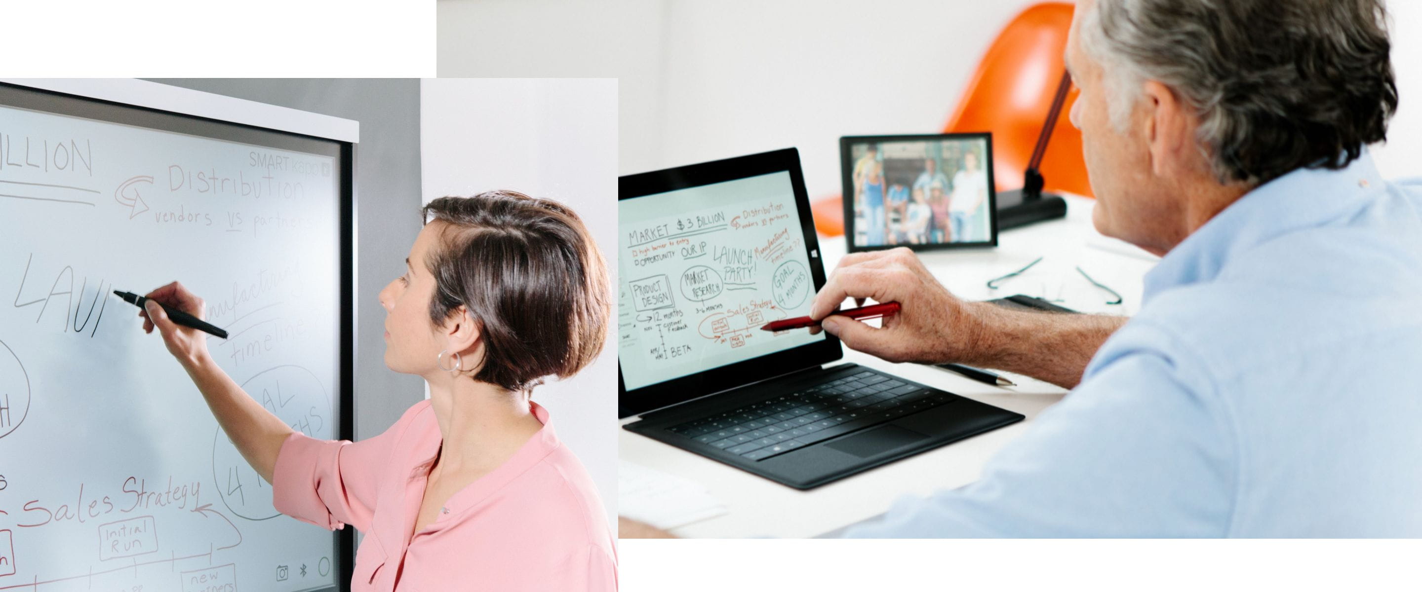 A professional woman writing on a SMART Interactive Display during a collaborative session, while a male colleague works on a connected digital tablet, illustrating teamwork across SMART devices.