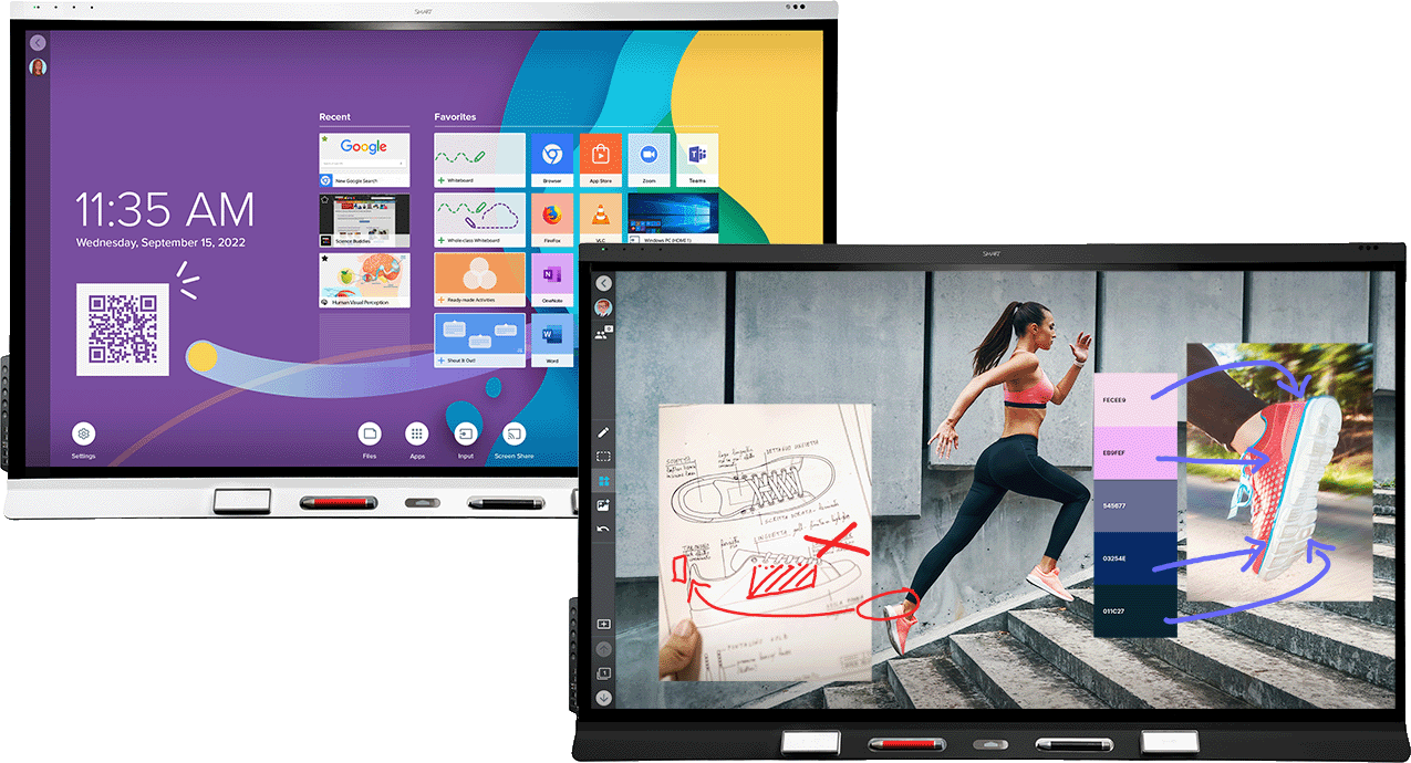 Variety of SMART board displays showcasing educational and business applications with vibrant and interactive screens.