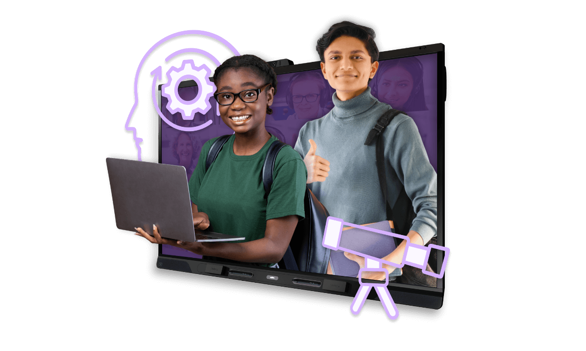 Students with laptop and backpack inset within a SMART Board