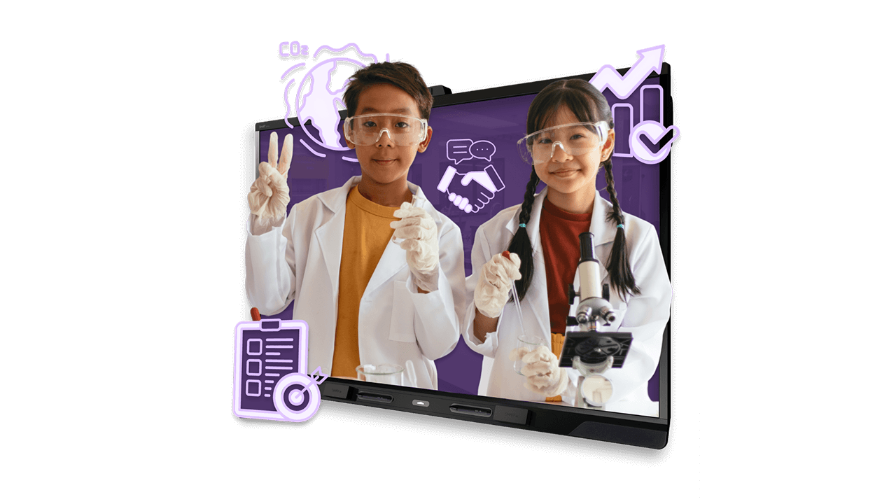 Students with science equipment and lab coats inset within a SMART Board