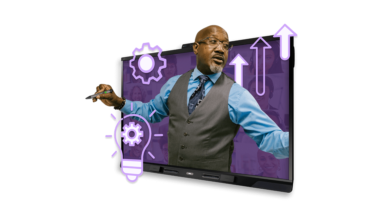 A teacher holding an ink pen to use on a SMART Board