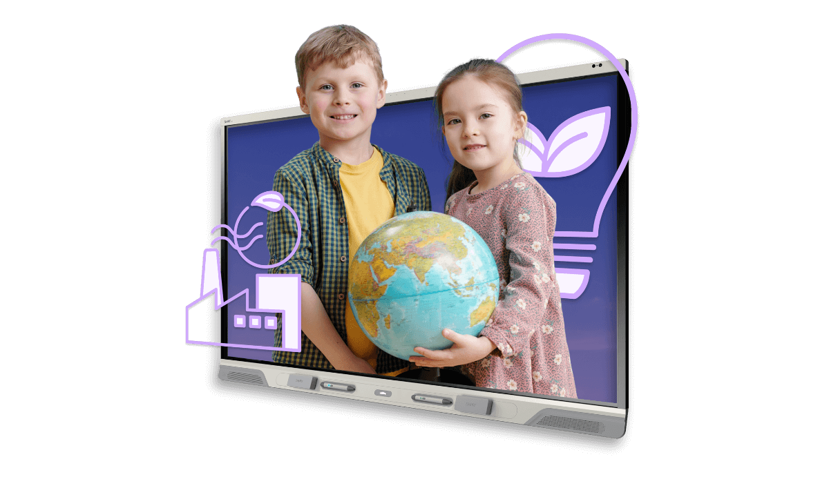 Two young children holding a globe of the world inset within a SMART Board