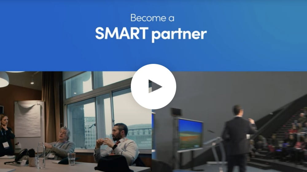 Business meeting and conference scene promoting partnership with SMART, featuring a speaker and interactive displays.