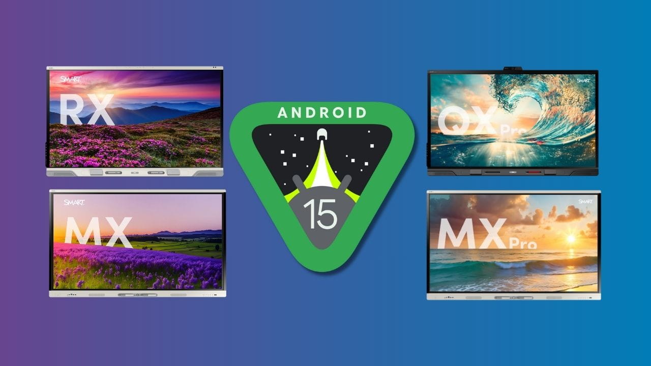 SMART Board RX, MX(V5), QX-V2 and M-Pro series iQ 4 displays surrounding the Android 15 icon.
