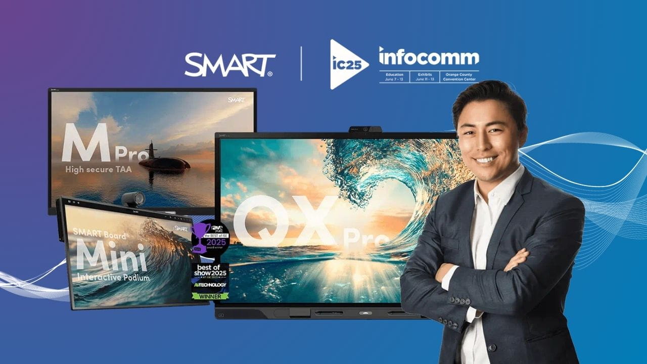 A male professional standing in front of SMART’s newest innovations for business, government and higher education. SMART and InfoComm logos appear above. 