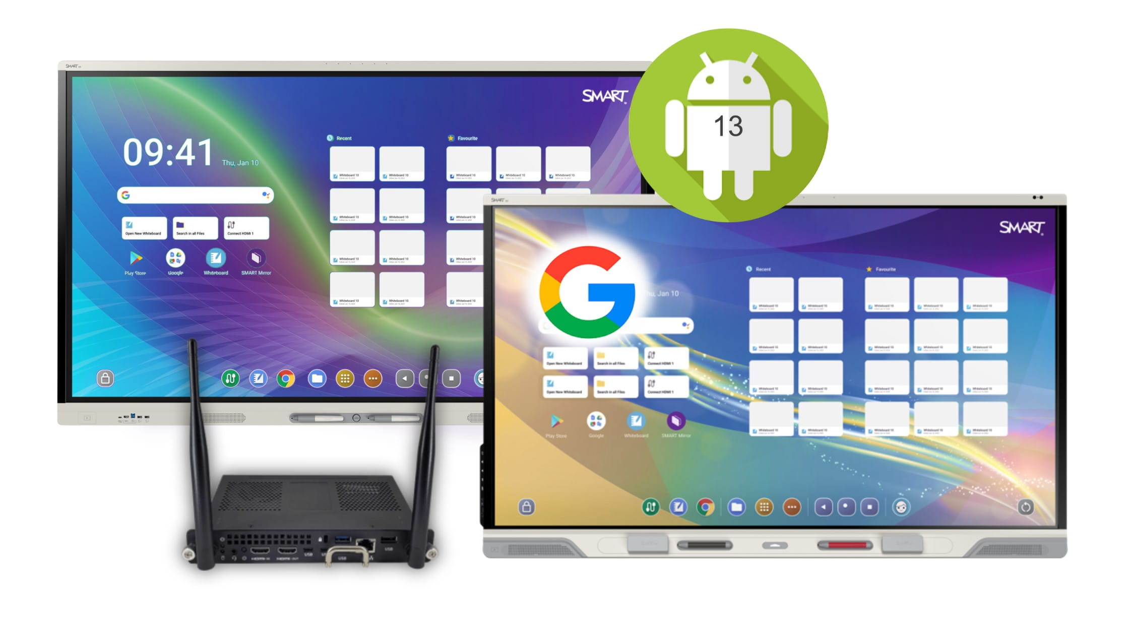 Two SMART interactive displays with Android and Google logos representing the embedded Google and Android experience.