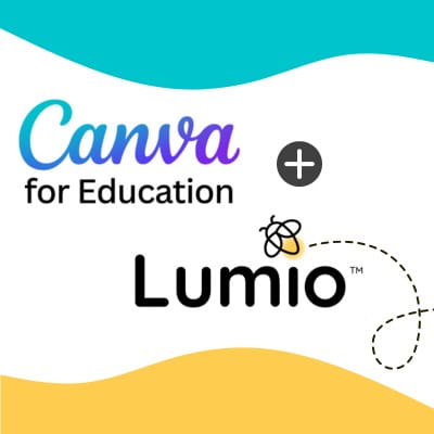 Canva and Lumio logos as well as brand elements like yellow and teal colours and dotted lines.