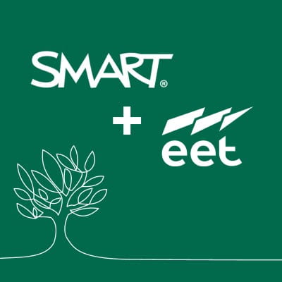 The SMART and EET logos together on a green background with a line drawing of a growing tree.