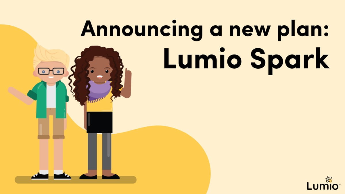 Graphic showing two teachers with text that reads “Announcing a new plan: Lumio Spark”