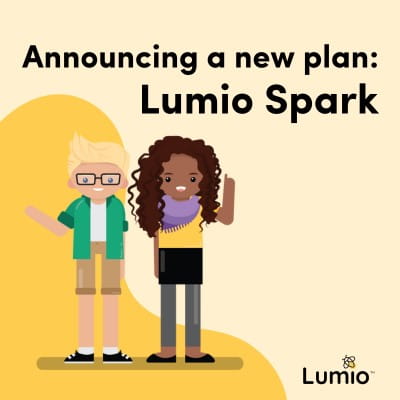 Graphic showing two teachers with text that reads “Announcing a new plan: Lumio Spark”