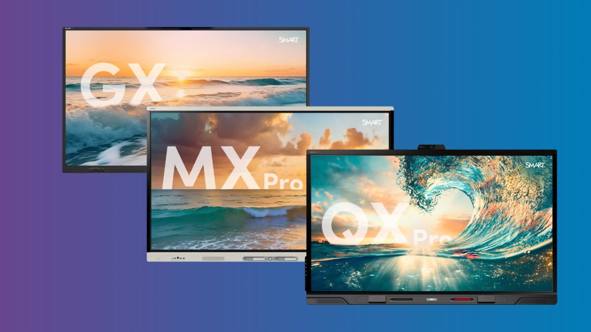Three SMART interactive displays with high-resolution screens displaying oceanic and sunset visuals, each identified as GX, MX Pro, and QX Pro.
