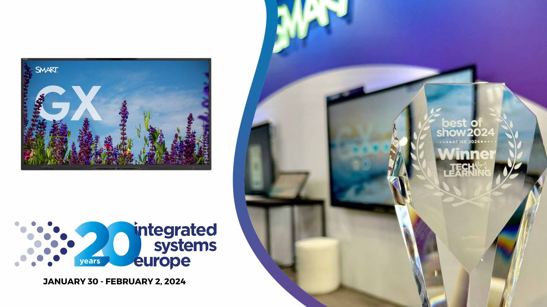 Award-winning SMART GX interactive display showcased at ISE 2024, with the Tech & Learning Best of Show trophy prominently displayed.