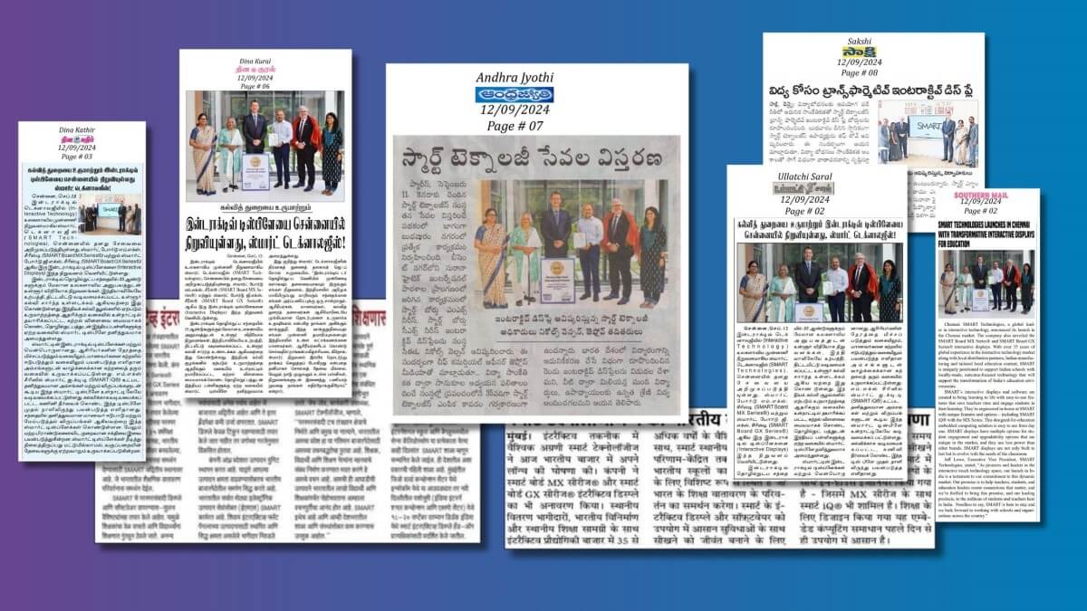 Collage of newspaper clippings covering the relaunch of SMART Technologies in India.