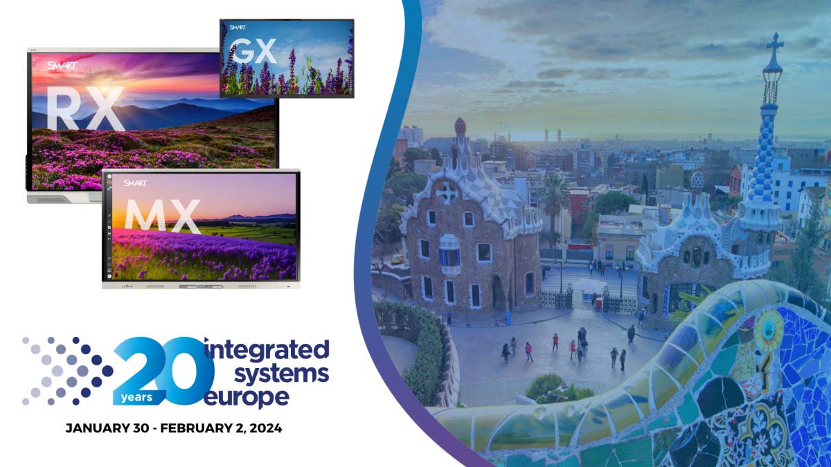 A view overlooking the city of Barcelona from Park Güell, alongside three SMART Board displays and the Integrated Systems Europe conference logo. Show dates are shown at the bottom - January 30 - February 2, 2024.