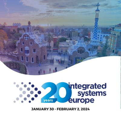 A view overlooking the city of Barcelona from Park Güell, alongside the Integrated Systems Europe conference logo with dates ‘January 30 - February 2, 2024’ shown below.