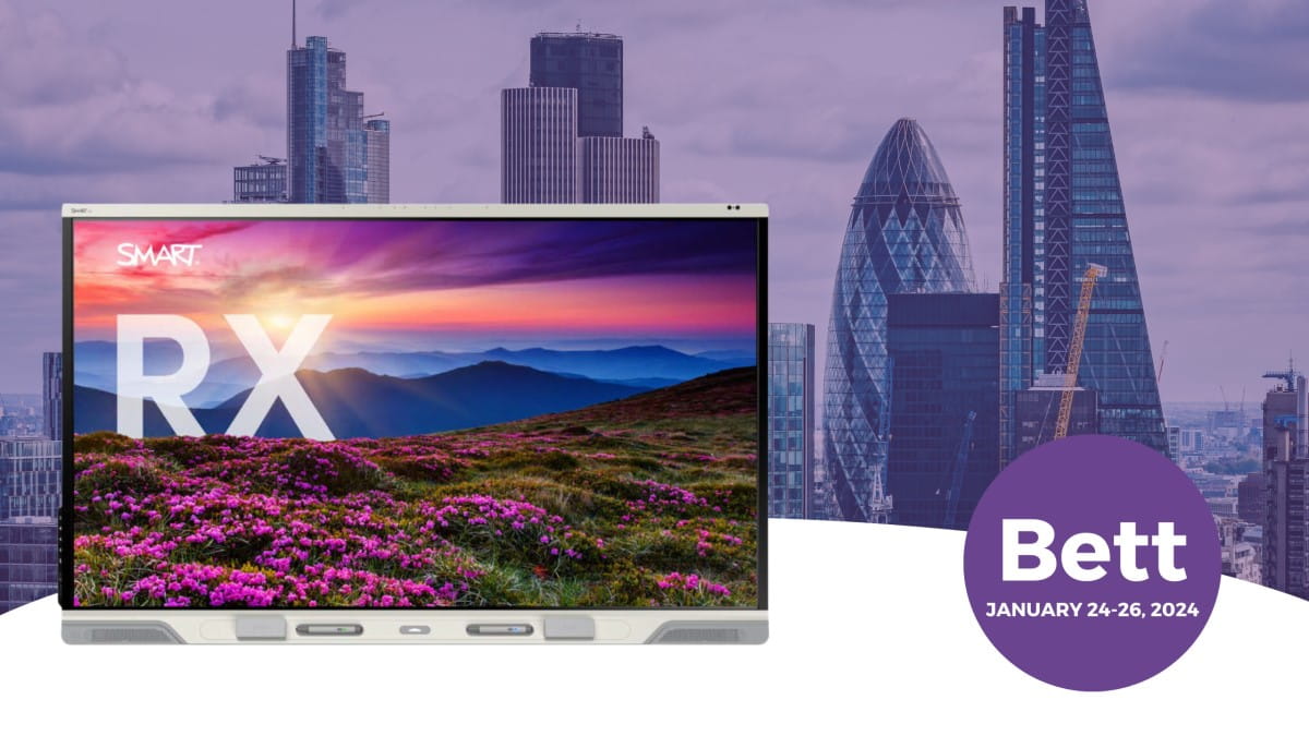 The new SMART Board RX Series in front of the London skyline, along with the logo from Bett, running from January 24-26, 2024.