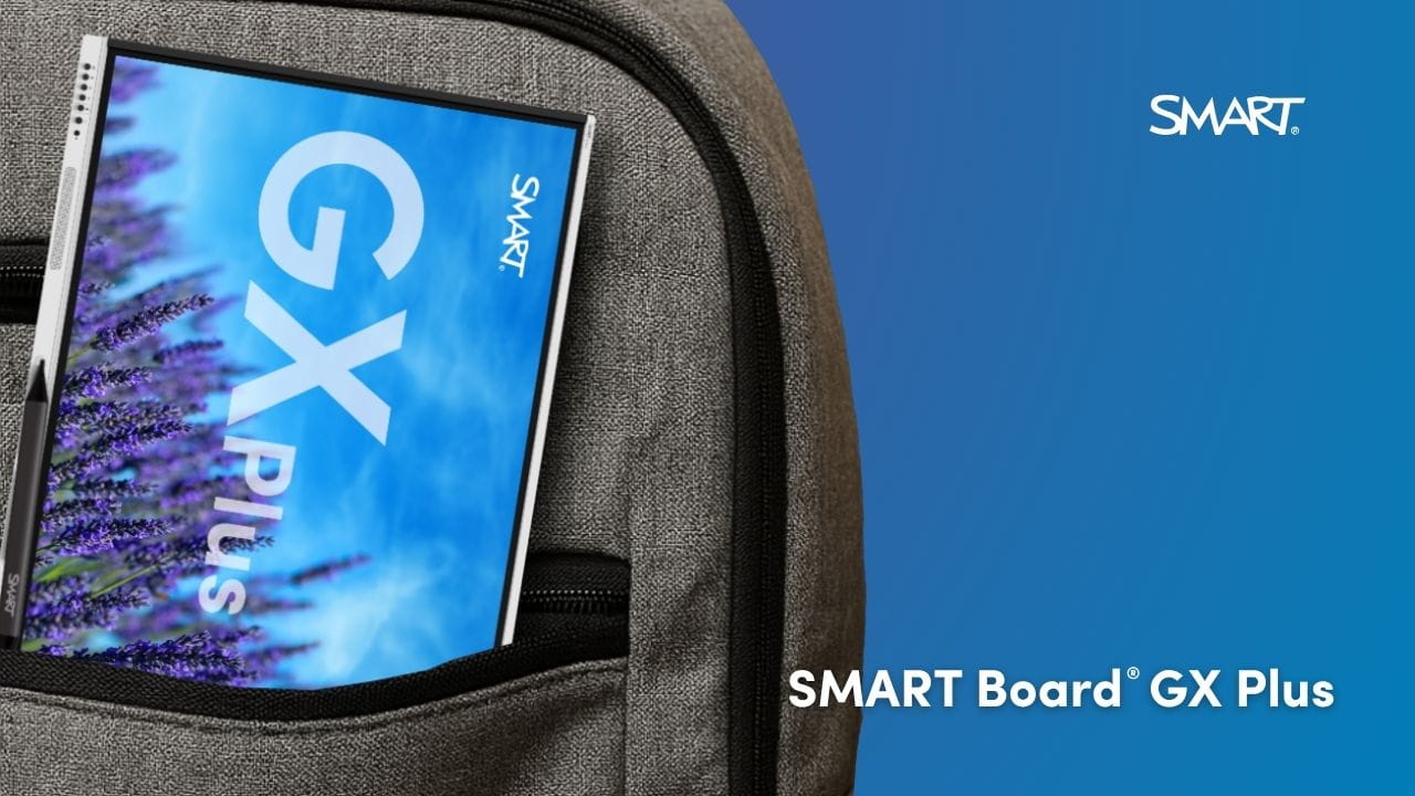 A miniature sized SMART Board display, hanging out of a grey backpack symbolizing the size of the price. “SMART Board GX Plus” is written to the right of the backpack and is shown below.