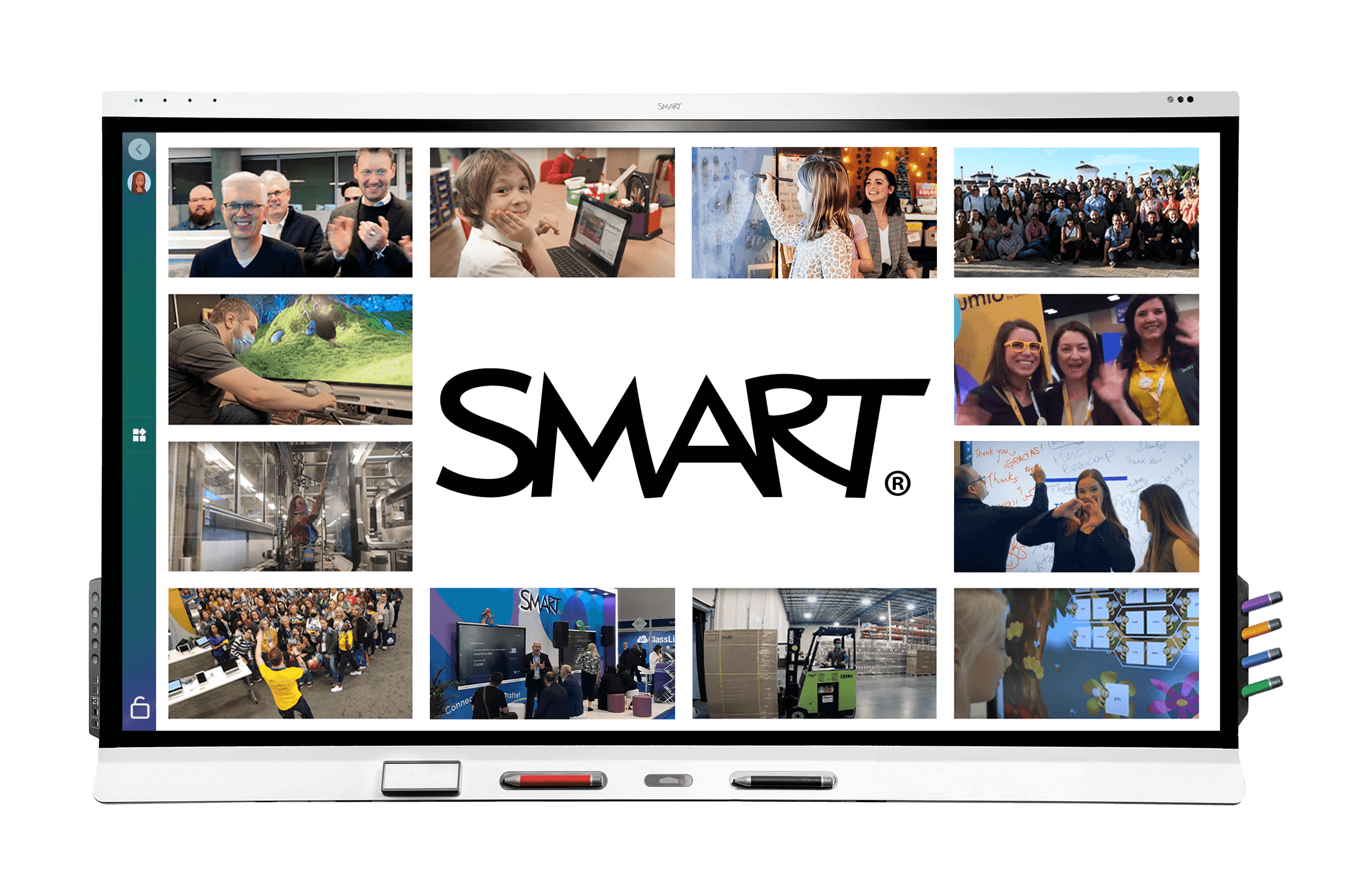 Collage of SMART users inlayed on a SMART board.