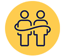 Icon depicting two figures with a shared speech bubble, symbolizing the Lumio Certified Trainer Community.