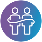 Icon of two figures with a connecting path between them on a gradient blue-purple circular background, symbolizing collaboration or connection.