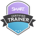 Badge for SMART Certified Trainer with a purple shield displaying the 'SMART' logo, overlaid by a black ribbon with 'CERTIFIED TRAINER' text, and a light blue section at the bottom with three stars.