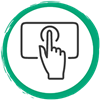 Een ronde afbeelding met een vinger die omhoog wijst naar een scherm.