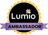A badge with the Lumio logo in the center, and the word 'Ambassador' underneath it.