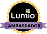 A badge with the Lumio logo in the center, and the word 'Ambassador' underneath it.