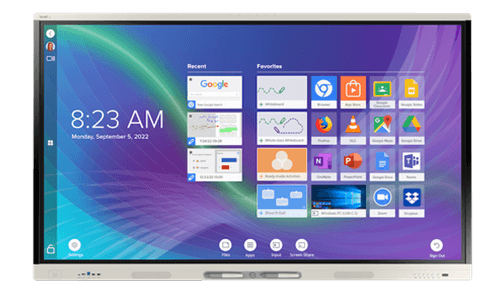 SMART Board MX series interactive display showing a variety of educational apps and tools.