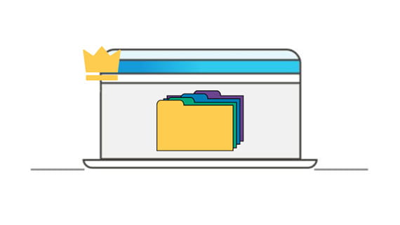 Icon of a laptop with a crown and colorful folders on the screen, depicting the feature of shared libraries within a digital educational resource platform.