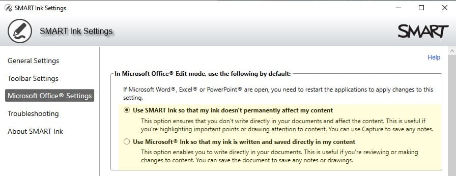 Settings panel for SMART Ink in Microsoft Office, showing options for ...