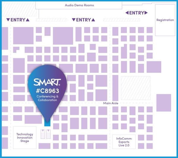Floor plan of InfoComm with a highlighted location marker for SMART booth #C8963 dedicated to conferencing and collaboration, surrounded by entry points, demo rooms, and other exhibit areas.