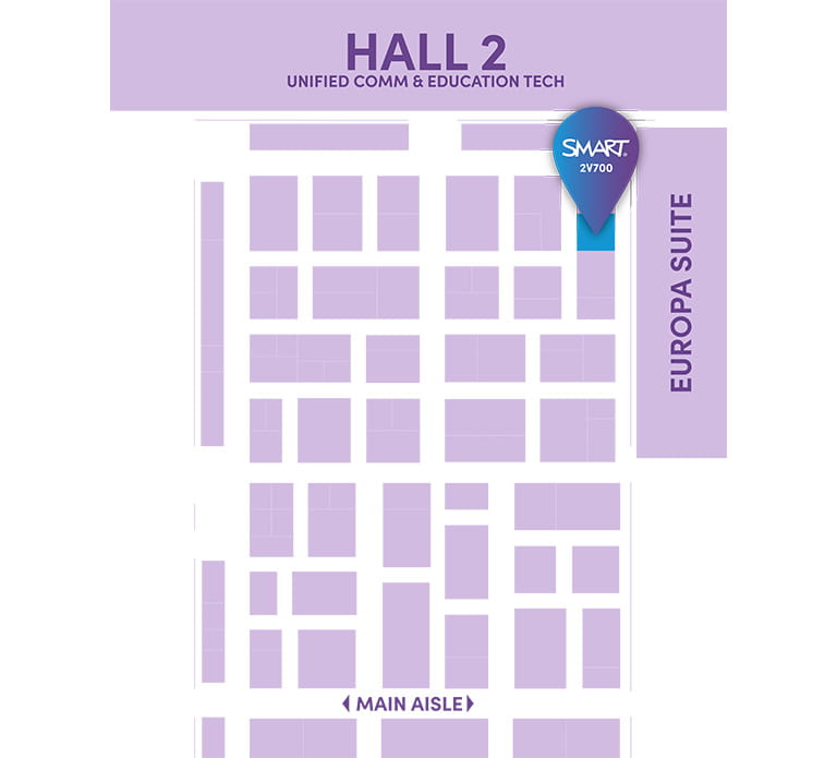 Floor plan for Hall 2 at an event highlighting Unified Communication and Education Tech, with location marker for SMART Europa Suite.