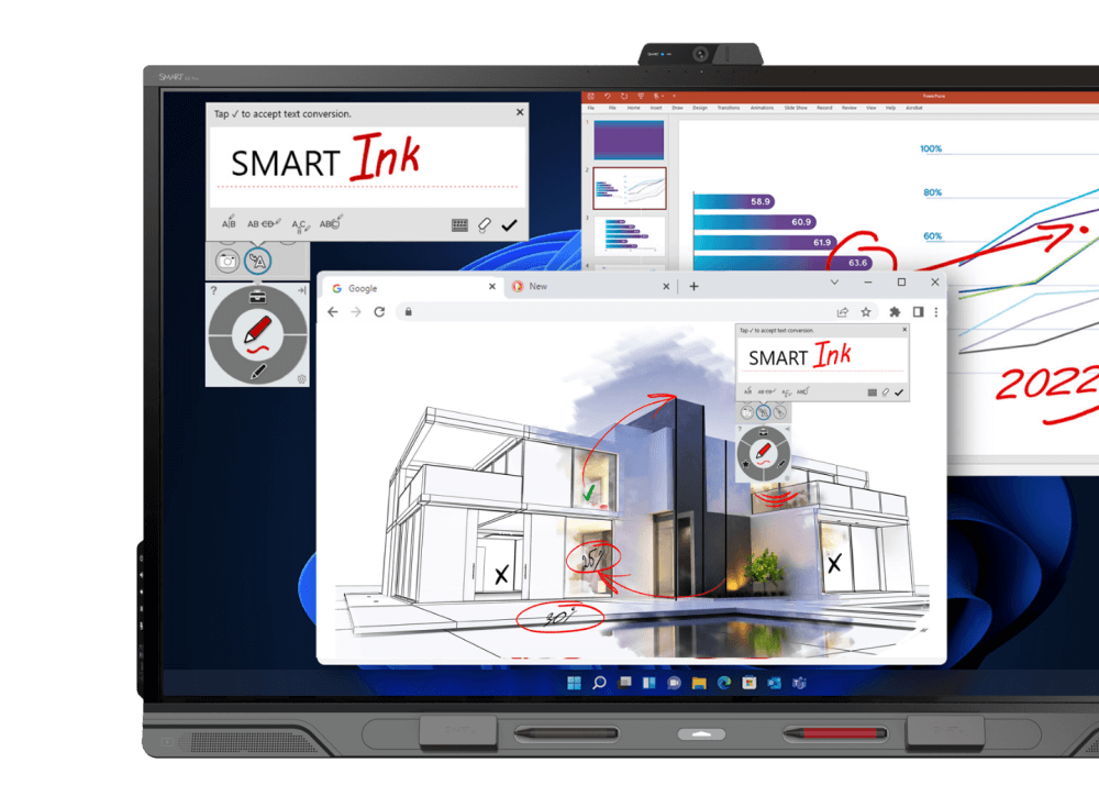 A SMART Board showcasing its multitasking capabilities with an architectural drawing enhanced by SMART Ink, web browsing, and data charts, demonstrating the interactive display's potential in collaborative environments.