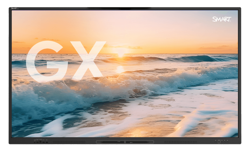 SMART Board GX interactive display featuring a stunning sunrise over ocean waves, highlighting the clarity and vivid color representation of the screen.