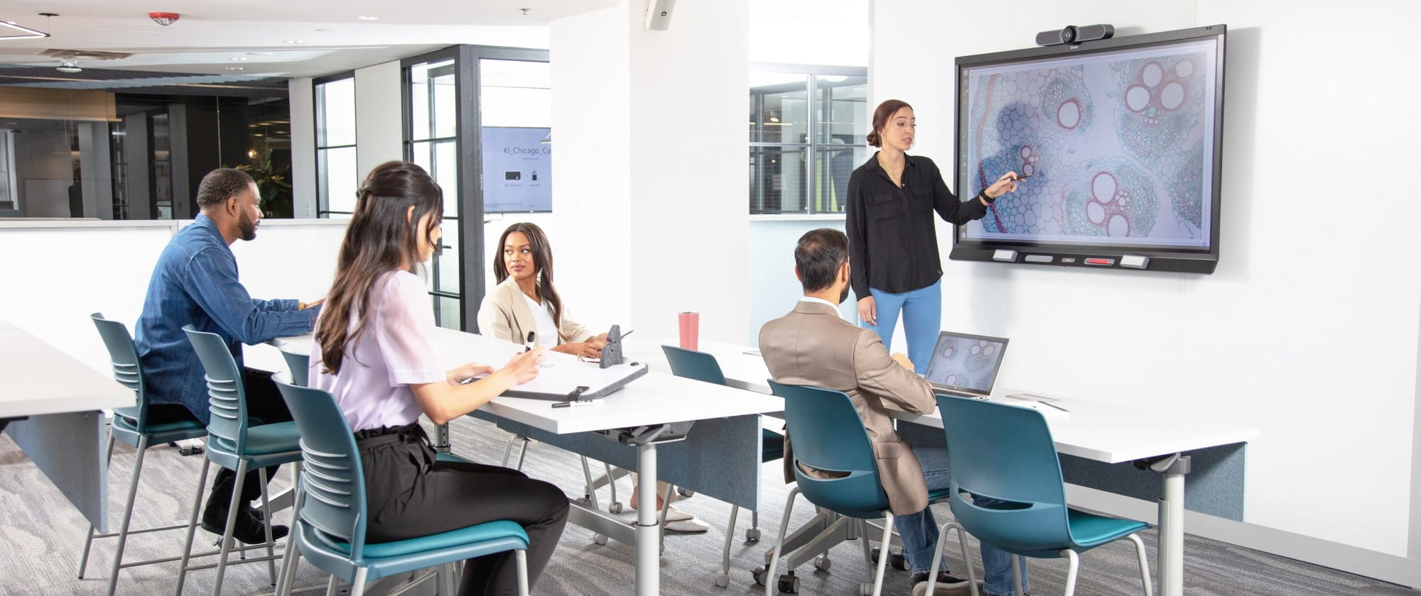 A presenter uses a SMART board to show a biological image in a well-lit modern meeting room, illustrating the use of interactive displays for collaborative work.