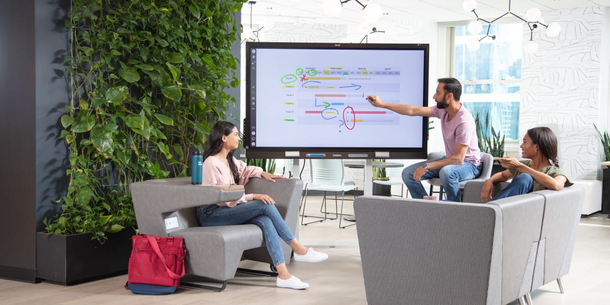 A trio of professionals in a contemporary office space using a SMART board to review a project timeline.