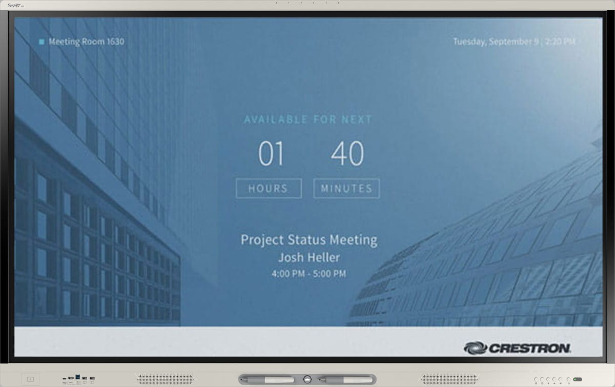 SMART & Crestron meeting room availability display showing next meeting schedule.
