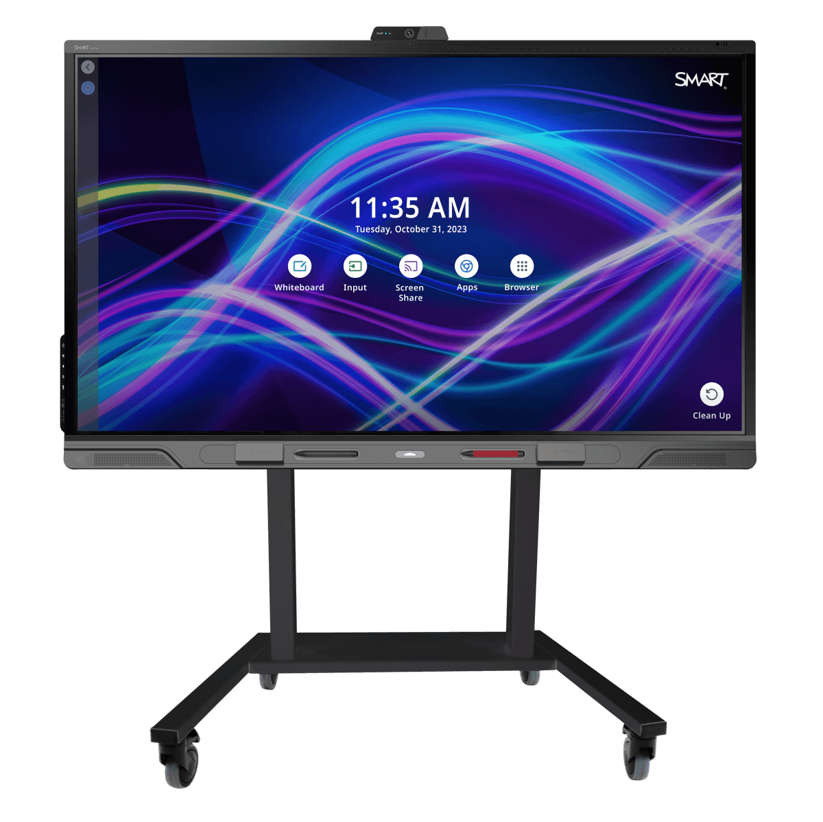A black stand supporting a SMART Board QX Pro, an interactive flat panel (IFP) with electric height-adjustability.