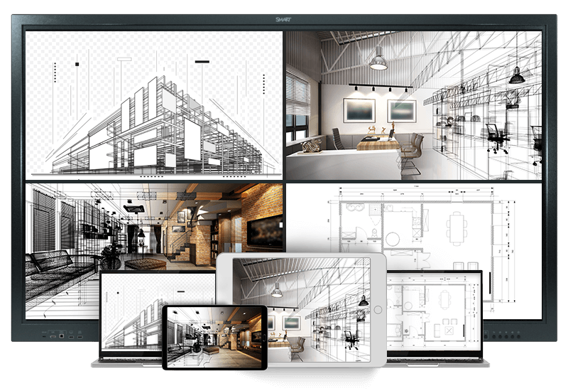 The image shows a SMART Board GX series display in a modern architectural setting. The board features multiple screen panels, each showing different stages of architectural and interior design, from blueprint drafts and structural layouts to a furnished interior space.
