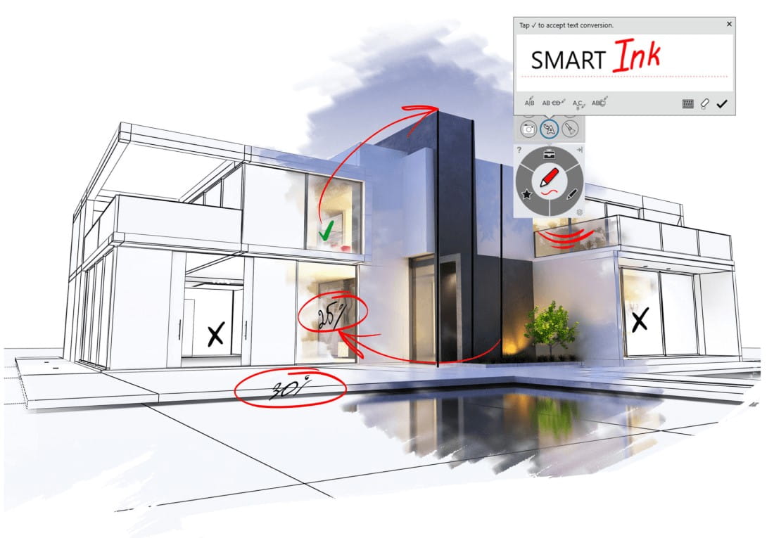 Architectural sketch of a modern building being annotated with SMART Ink, showcasing corrections and suggestions in red, including check marks and crosses.