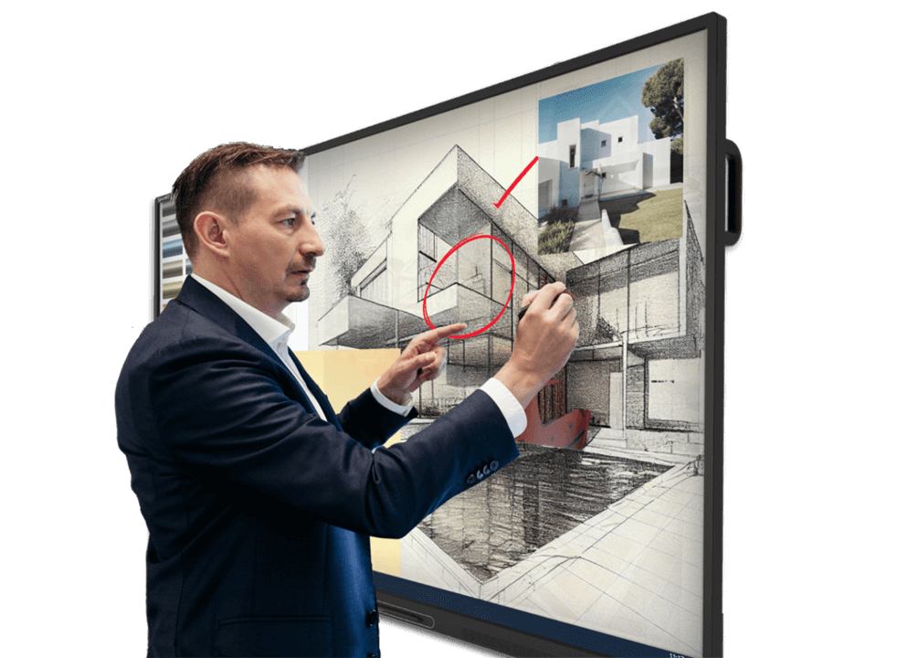 A business professional annotating an architectural design on a SMART Board.