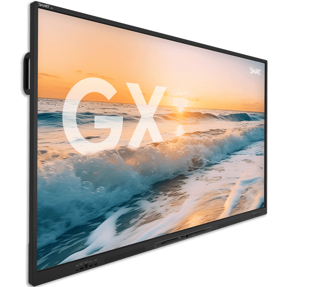 SMART Board GX Series interactive display featuring a vibrant ocean sunset, symbolizing industry-leading interactivity with a commitment to the future.